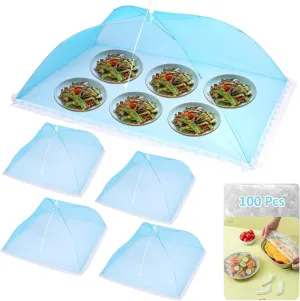 Food Covers for Outside Mesh, 1 Large 40x24 inch and 4 Standard 17x17 inch Mesh Nets,Food Covers for Outside, Plus 100 Plastic Bowl Covers