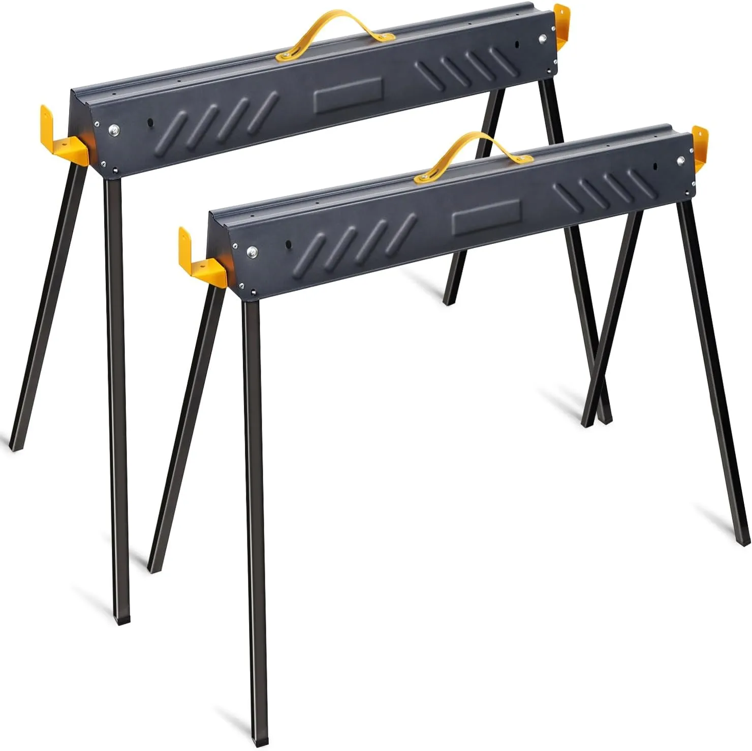 FORUP 2 Pack Heavy Duty Folding Portable Saw Horses Table, 1322 Lbs Load Capacity Metal Saw Horse with Fast Open Legs and Easy Grip Handle for Woodworking, Dark Grey & Yellow
