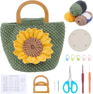 FREEBLOSS Crochet Bag Kit Sunflower Handbag Knitting and Crochet Kit with Wood Handle English Instructions Handbag Making Kit for Craft Crocheting Kit for Beginners