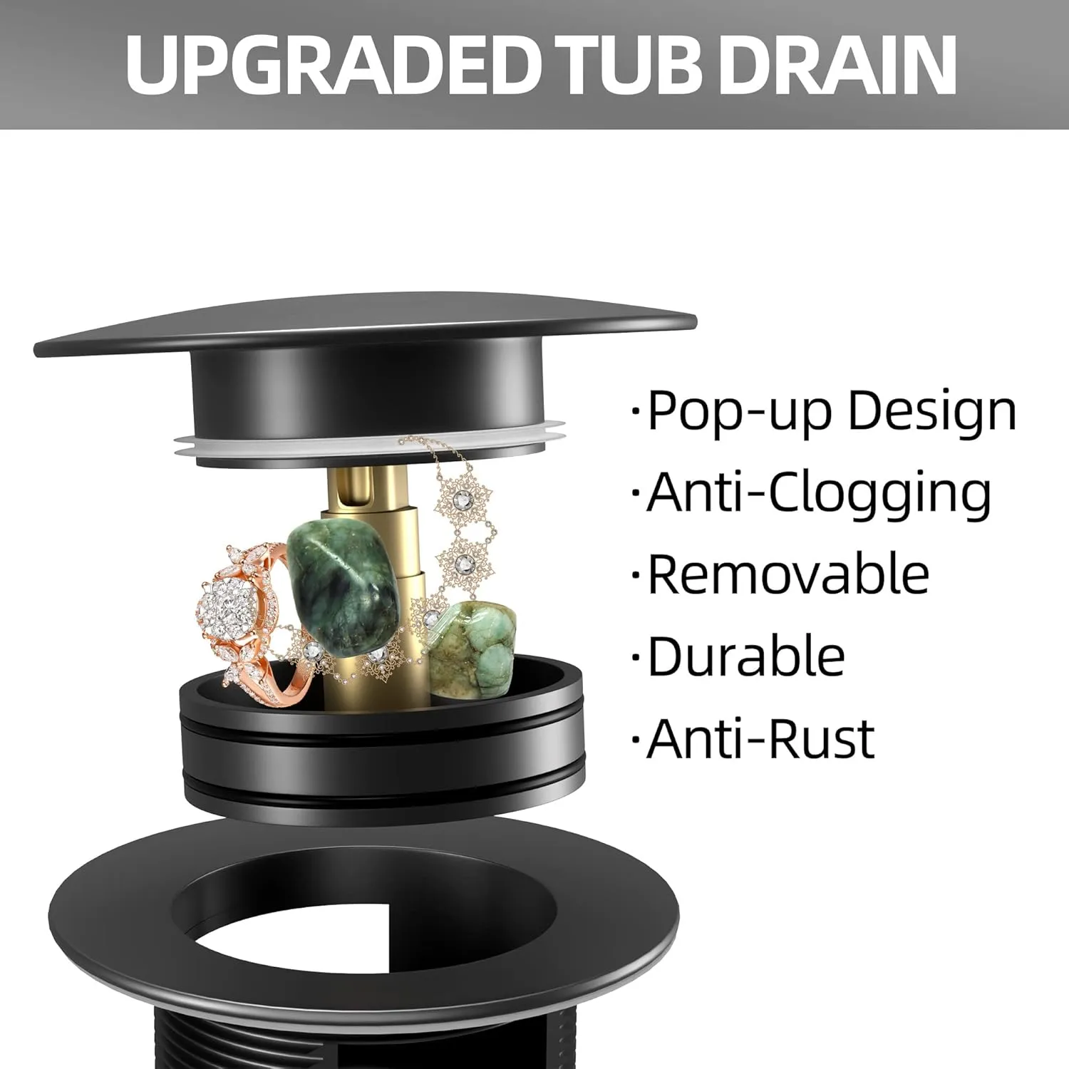 Freestanding Tub Drain with Removable Pop-up Free Standing Bathtub Drain Stopper Upgraded Stand Alone Tub Drain Basket for Soaking Anti-rust and Watertight Matte Black