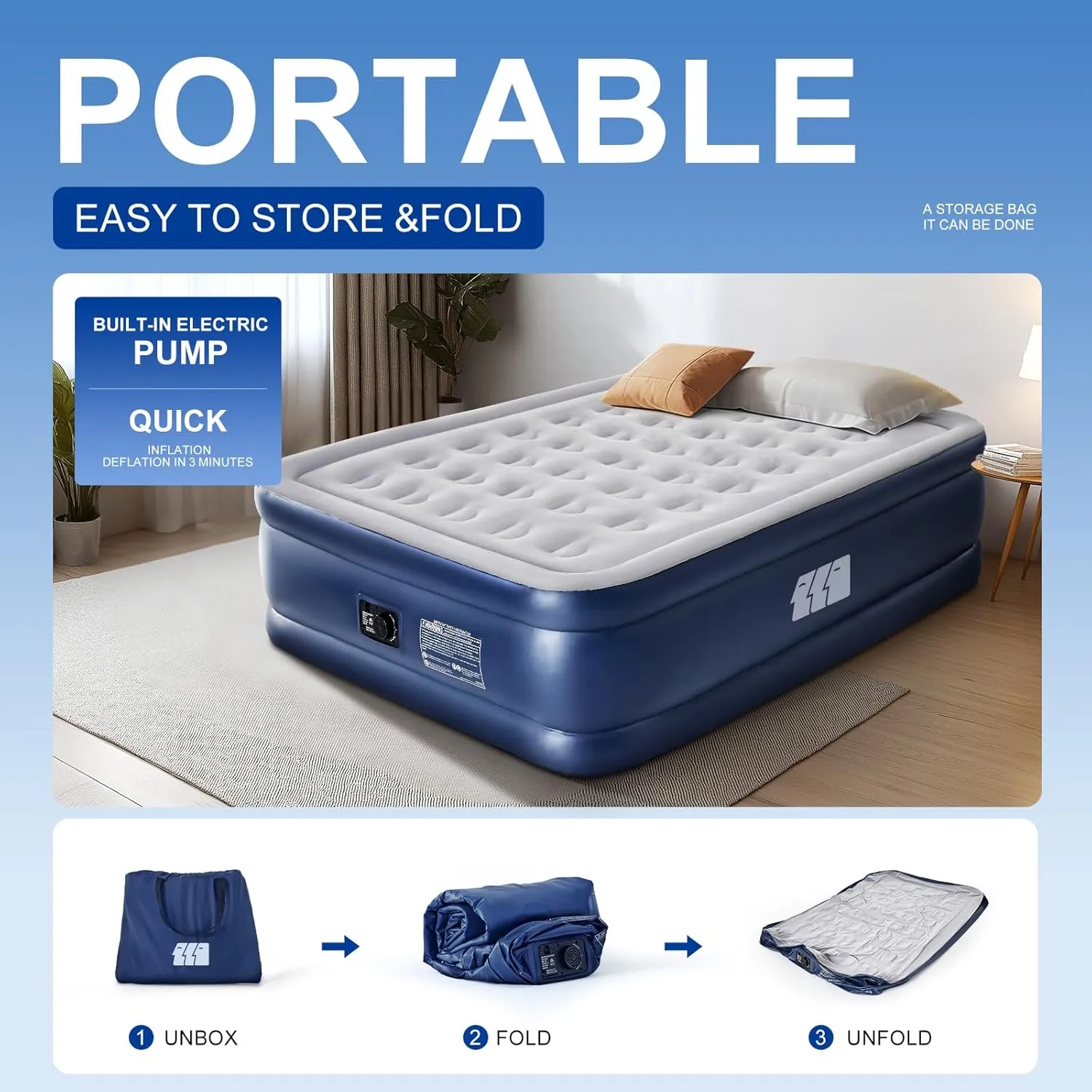 Full Air Mattress with Built in Pump,18" Raised Blow up Air Bed,3 Mins Quick Self-Inflation/Deflation,600lbs Max, Strong Support,Foldable Inflatable Mattress for Camping/Home/Guests/Travel