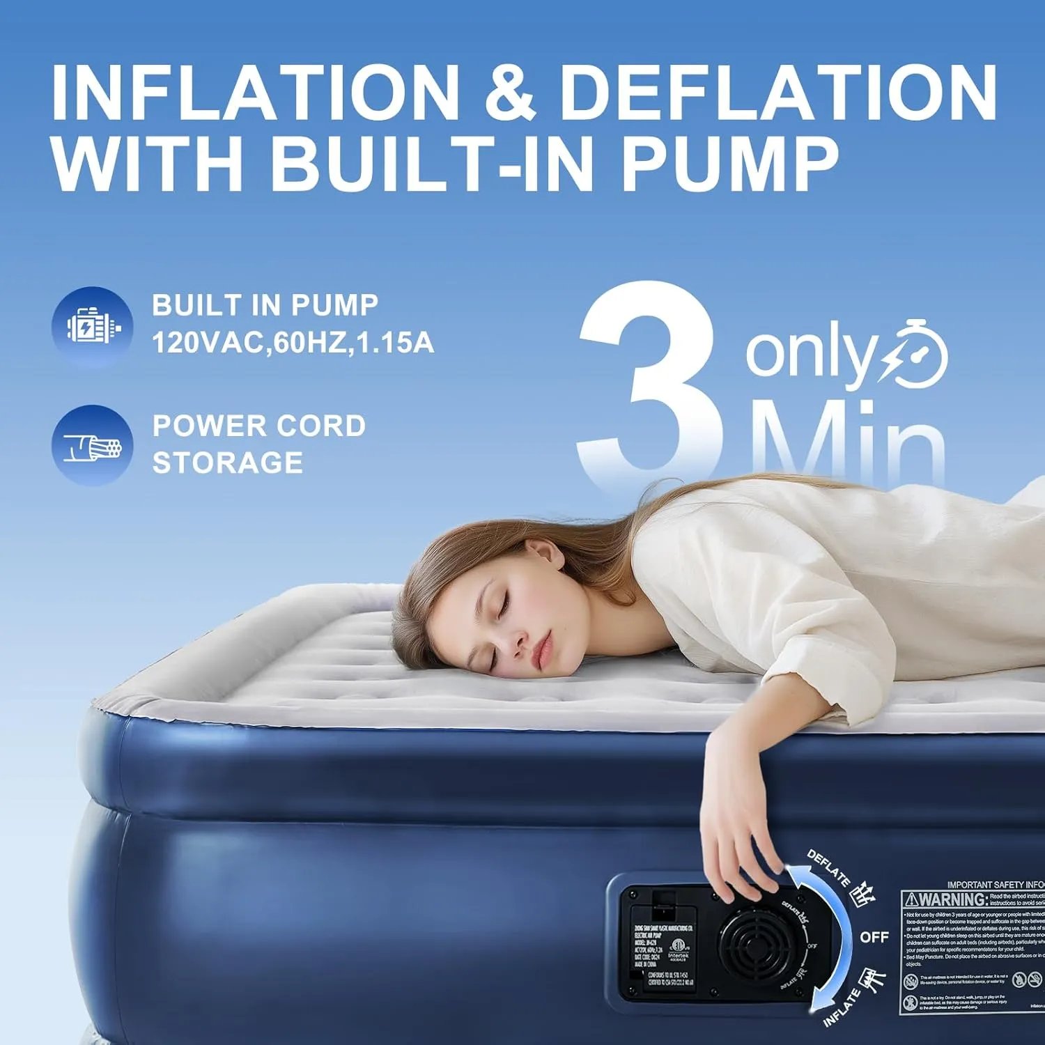 Full Air Mattress with Built in Pump,18" Raised Blow up Air Bed,3 Mins Quick Self-Inflation/Deflation,600lbs Max, Strong Support,Foldable Inflatable Mattress for Camping/Home/Guests/Travel