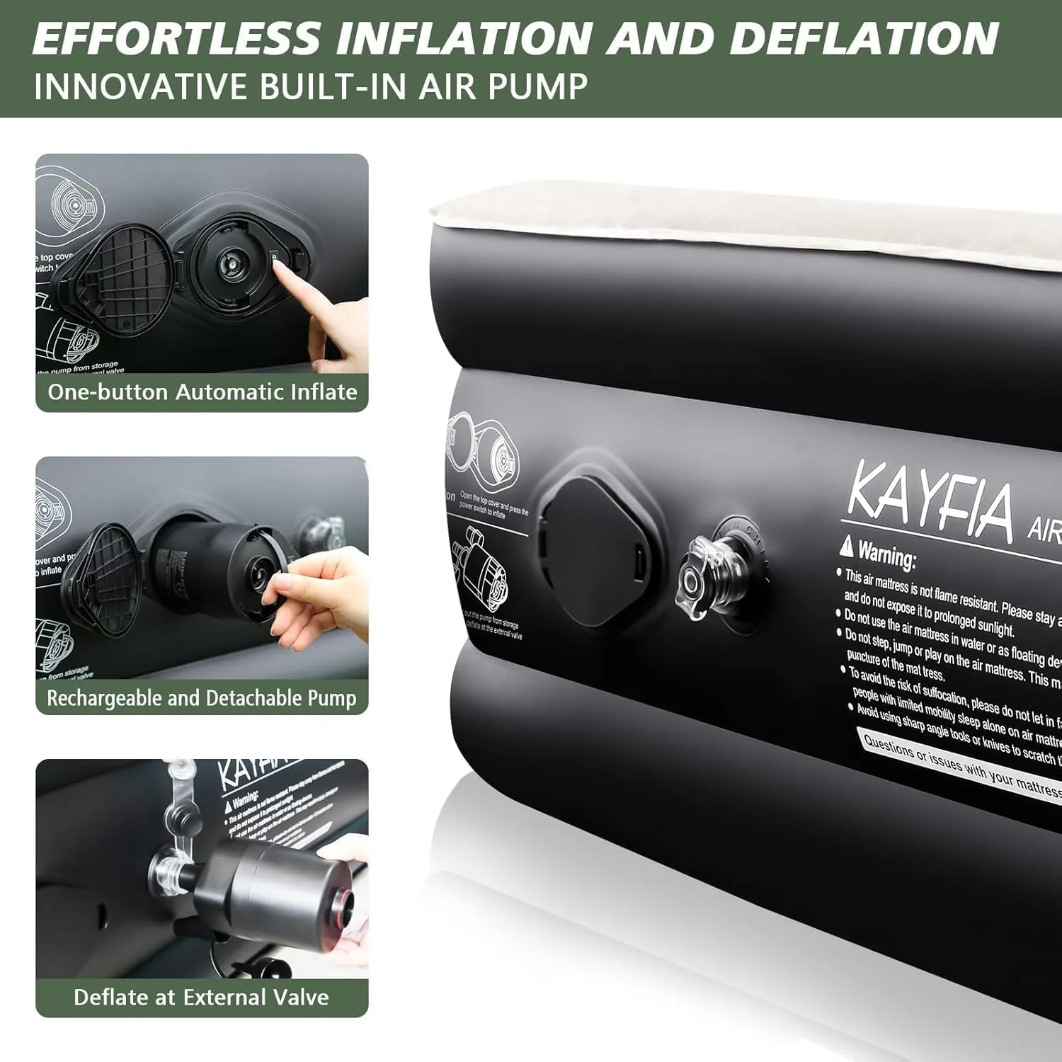 Full Air Mattress with Built-in Rechargeable Pump & Flocked Surface 18" Elevated Blow up Mattress for Home & Camping Durable Inflatable Mattress Quick Inflation/Deflation Air Bed with Carry Bag, Black