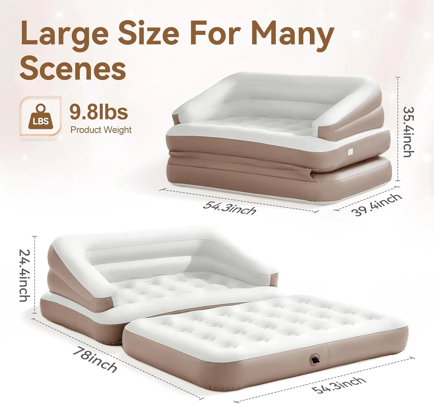 Full Size Air Mattress for Inflatable-Portable Blow Up Mattress Sofa Bed with Flocked top-Double Air Couch for Tent Camping/Car Travel Backpacking/Family Leisure(Cream White)