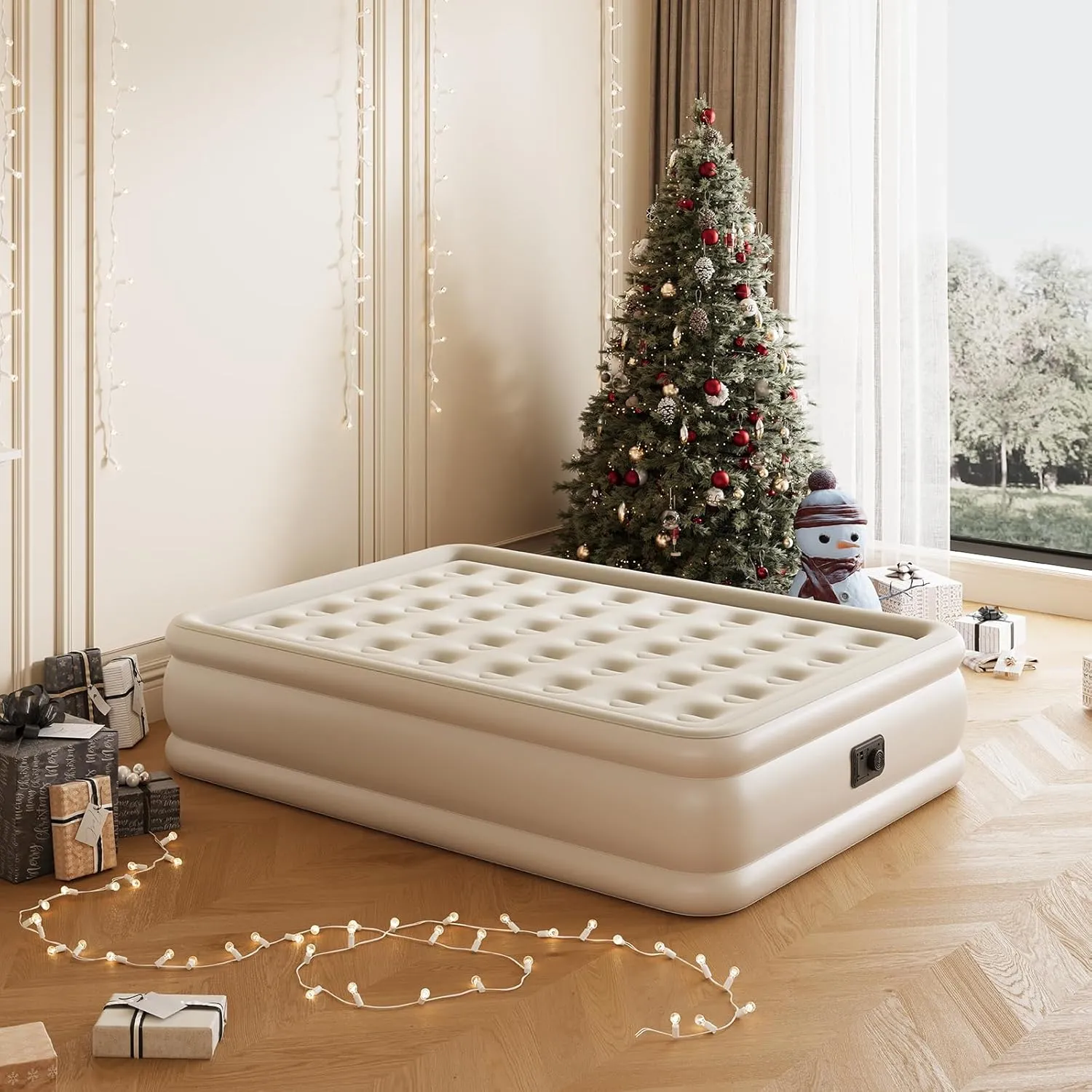 Full Size Air Mattress with Built in Pump, Air Bed with Portable Storage Bag, 18'' Blow up Mattress Suitable for Home and Guests, Top Flocking, 18" Full Khaki