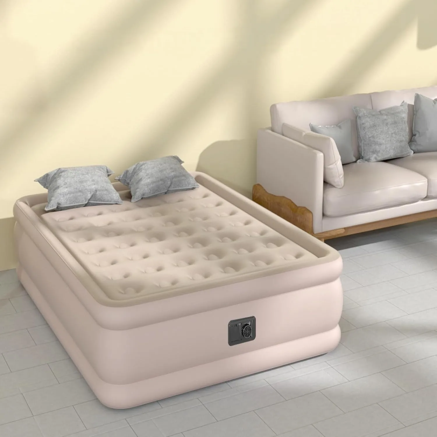 Full Size Air Mattress with Built in Pump, Air Bed with Portable Storage Bag, 18'' Blow up Mattress Suitable for Home and Guests, Top Flocking, 18" Full Khaki
