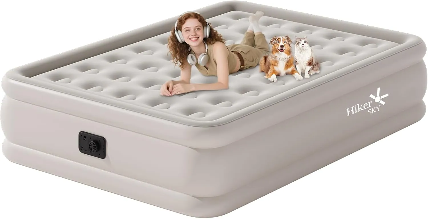 Full Size Air Mattress with Built in Pump, Air Bed with Portable Storage Bag, 18'' Blow up Mattress Suitable for Home and Guests, Top Flocking, 18" Full Khaki