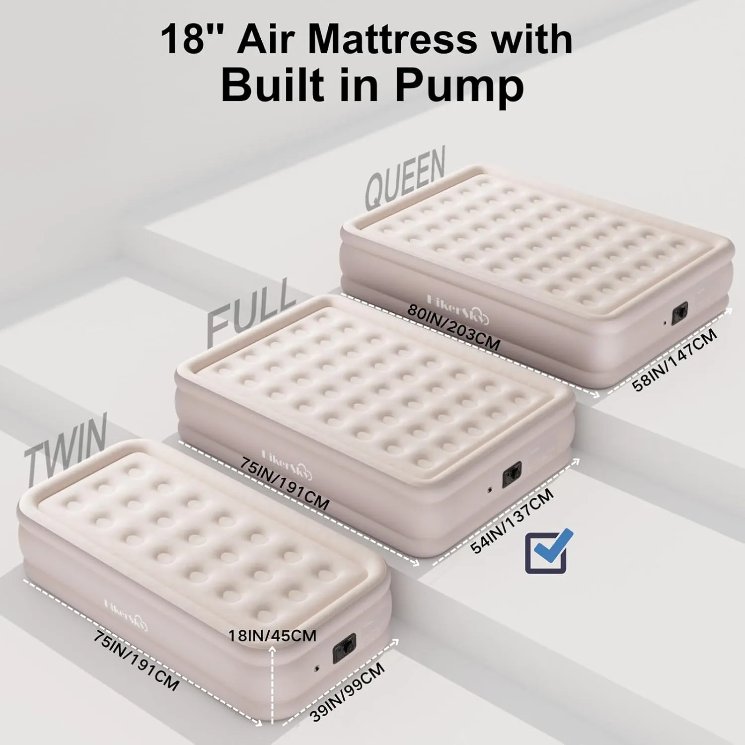 Full Size Air Mattress with Built in Pump, Air Bed with Portable Storage Bag, 18'' Blow up Mattress Suitable for Home and Guests, Top Flocking, 18" Full Khaki