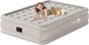 Full Size Air Mattress with Built in Pump, Air Bed with Portable Storage Bag, 18'' Blow up Mattress Suitable for Home and Guests, Top Flocking, 18" Full Khaki