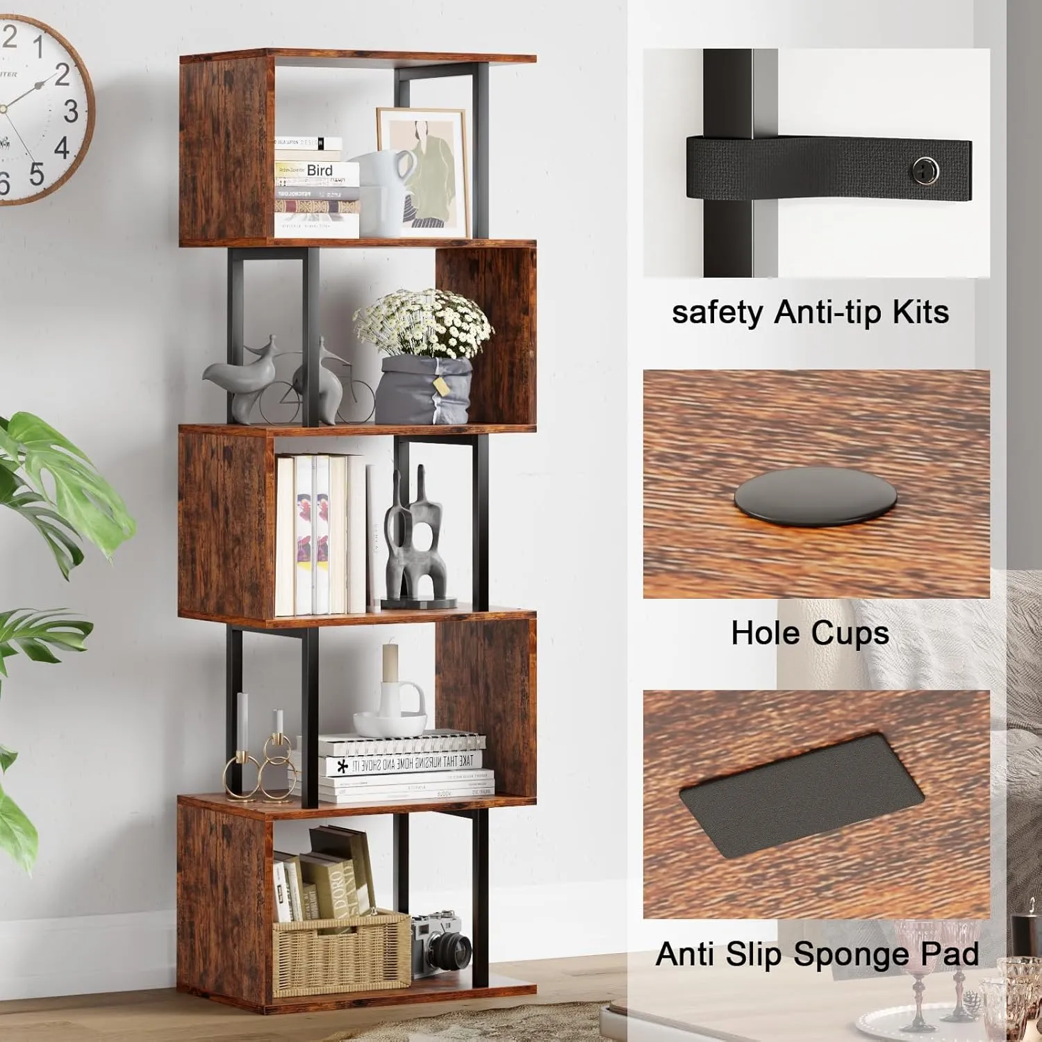 Furologee 6 Tier Bookshelf, Tall S Shaped Geometric Bookcase, Modern Display Book Shelf Standing Unit, Wood Metal Decorative Room Divider Bookshelves for Living Room Bedroom Office, Rustic Brown
