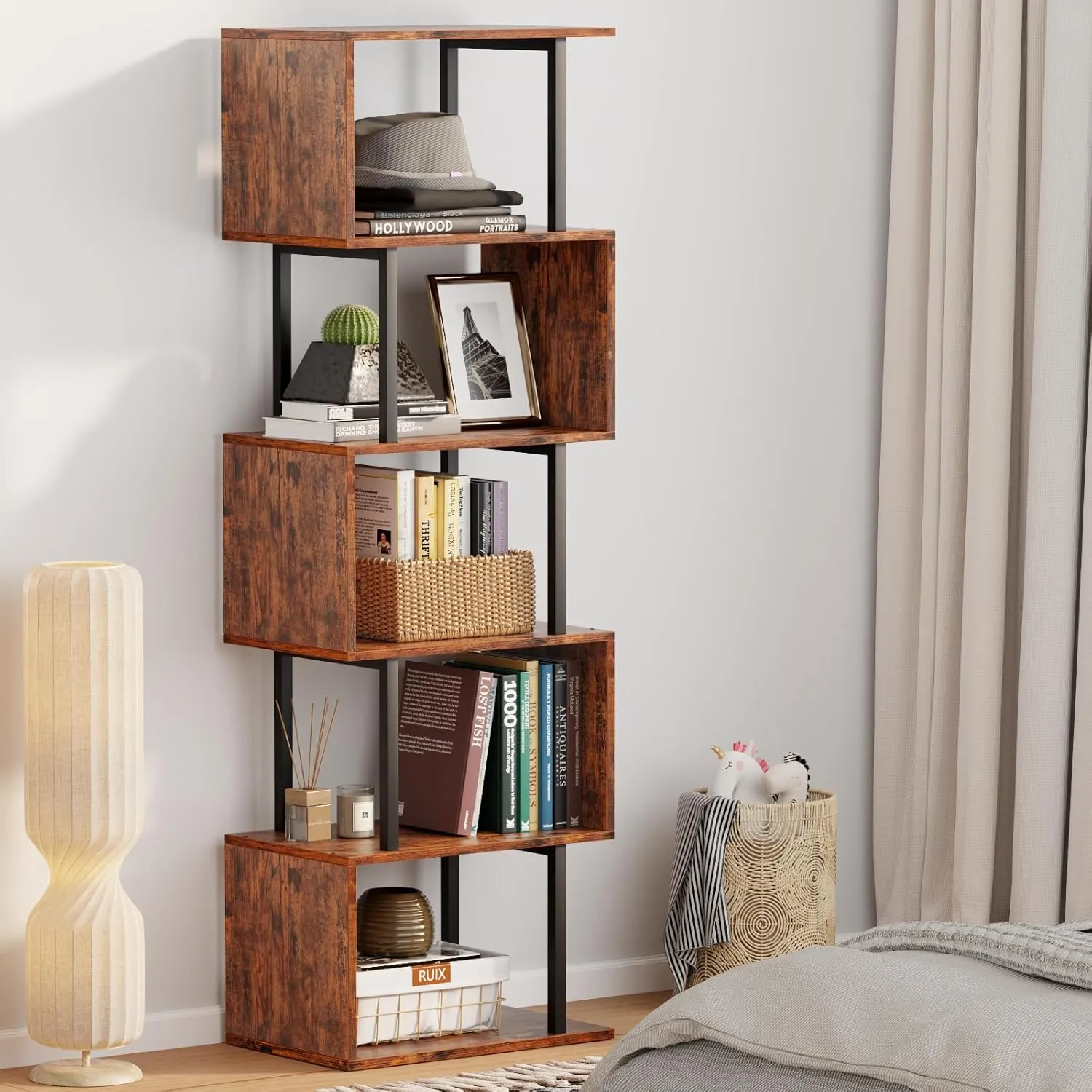 Furologee 6 Tier Bookshelf, Tall S Shaped Geometric Bookcase, Modern Display Book Shelf Standing Unit, Wood Metal Decorative Room Divider Bookshelves for Living Room Bedroom Office, Rustic Brown