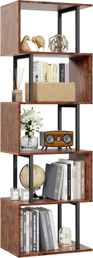 Furologee 6 Tier Bookshelf, Tall S Shaped Geometric Bookcase, Modern Display Book Shelf Standing Unit, Wood Metal Decorative Room Divider Bookshelves for Living Room Bedroom Office, Rustic Brown