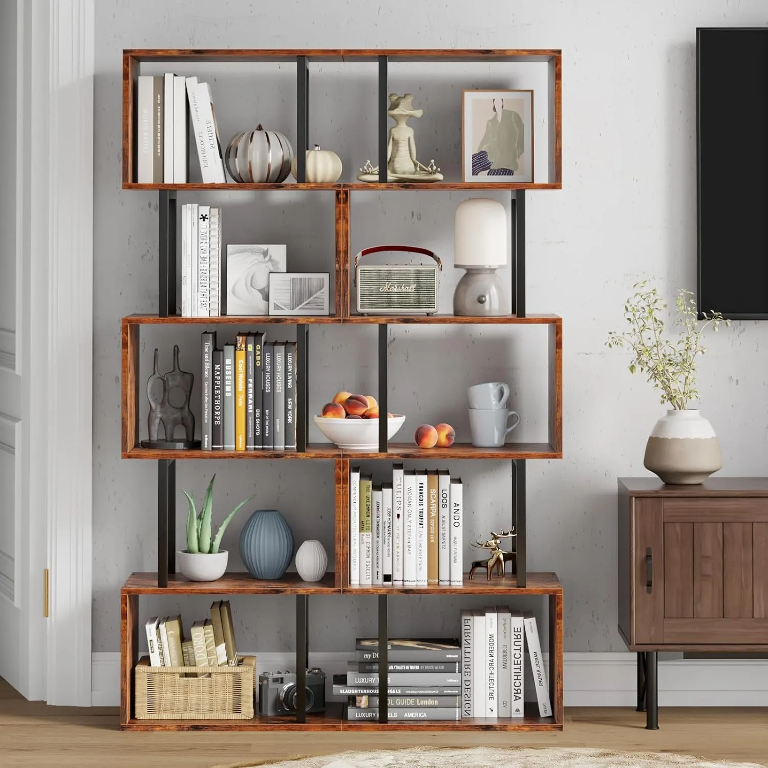 Furologee 6 Tier Bookshelf, Tall S Shaped Geometric Bookcase, Modern Display Book Shelf Standing Unit, Wood Metal Decorative Room Divider Bookshelves for Living Room Bedroom Office, Rustic Brown