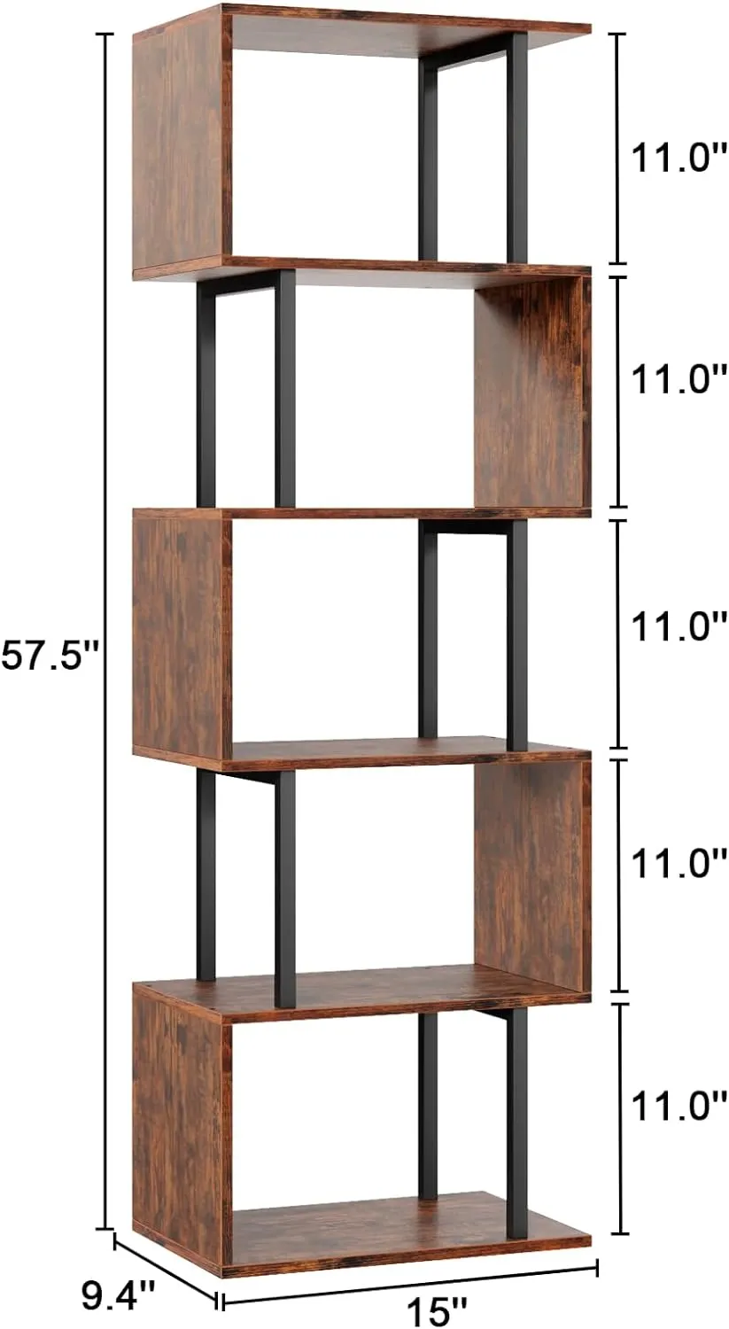 Furologee 6 Tier Bookshelf, Tall S Shaped Geometric Bookcase, Modern Display Book Shelf Standing Unit, Wood Metal Decorative Room Divider Bookshelves for Living Room Bedroom Office, Rustic Brown