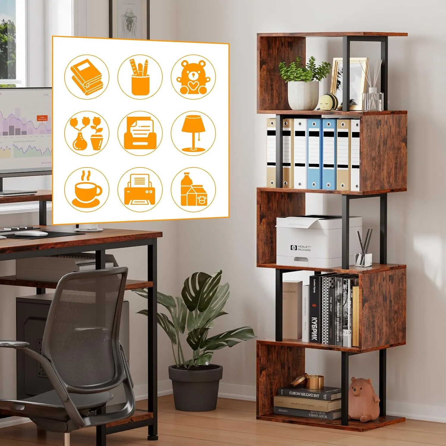 Furologee 6 Tier Bookshelf, Tall S Shaped Geometric Bookcase, Modern Display Book Shelf Standing Unit, Wood Metal Decorative Room Divider Bookshelves for Living Room Bedroom Office, Rustic Brown
