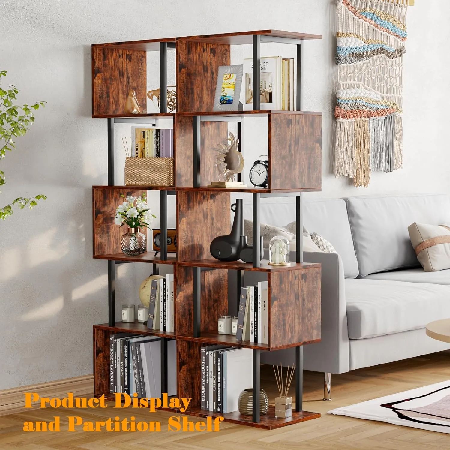 Furologee 6 Tier Bookshelf, Tall S Shaped Geometric Bookcase, Modern Display Book Shelf Standing Unit, Wood Metal Decorative Room Divider Bookshelves for Living Room Bedroom Office, Rustic Brown