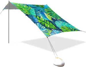 Geometric Abstract Palm Leaf Summer Designed UPF50  Beach Tent Waterproof Portable Sun Shelter Includes Sand Shovel, Sandbags, Stability Poles for Camping Trips, Fishing, Backyard Fun or