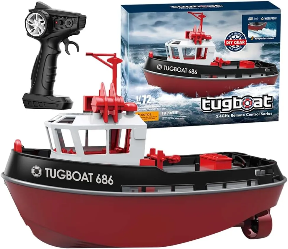 GkGk 1/72 High Speed RC Tugboat, 2.4 Ghz Remote Control Boat Toy with Low Battery Reminder for Pools, Lakes and Outdoor Play