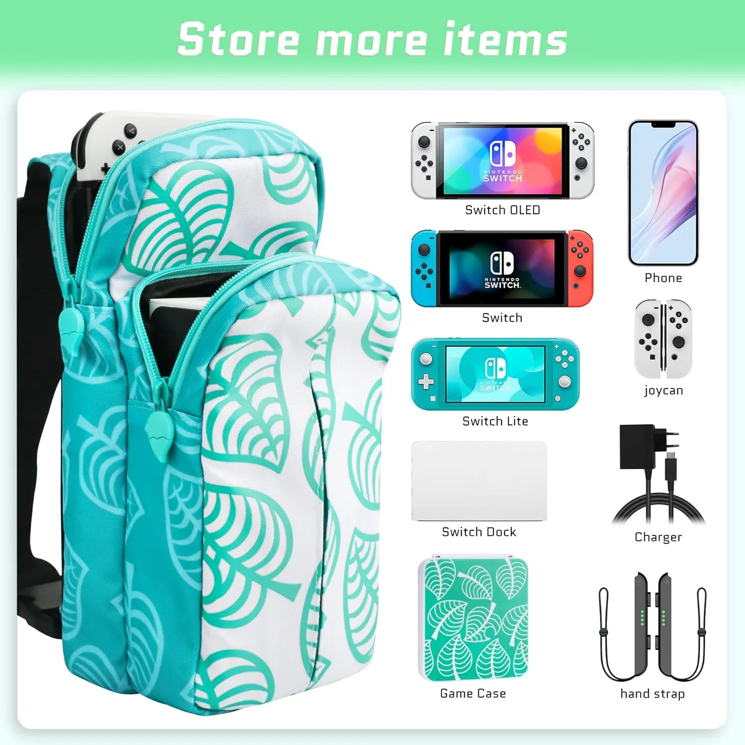 GLDRAM Travel Bag Bundle for Nintendo Switch, Cute Carrying Case for Switch Lite & Switch OLED, Shoulder Bag Accessories Kit for Switch with Game Case, Thumb Grip Caps ( Animal Leaf Crossing)
