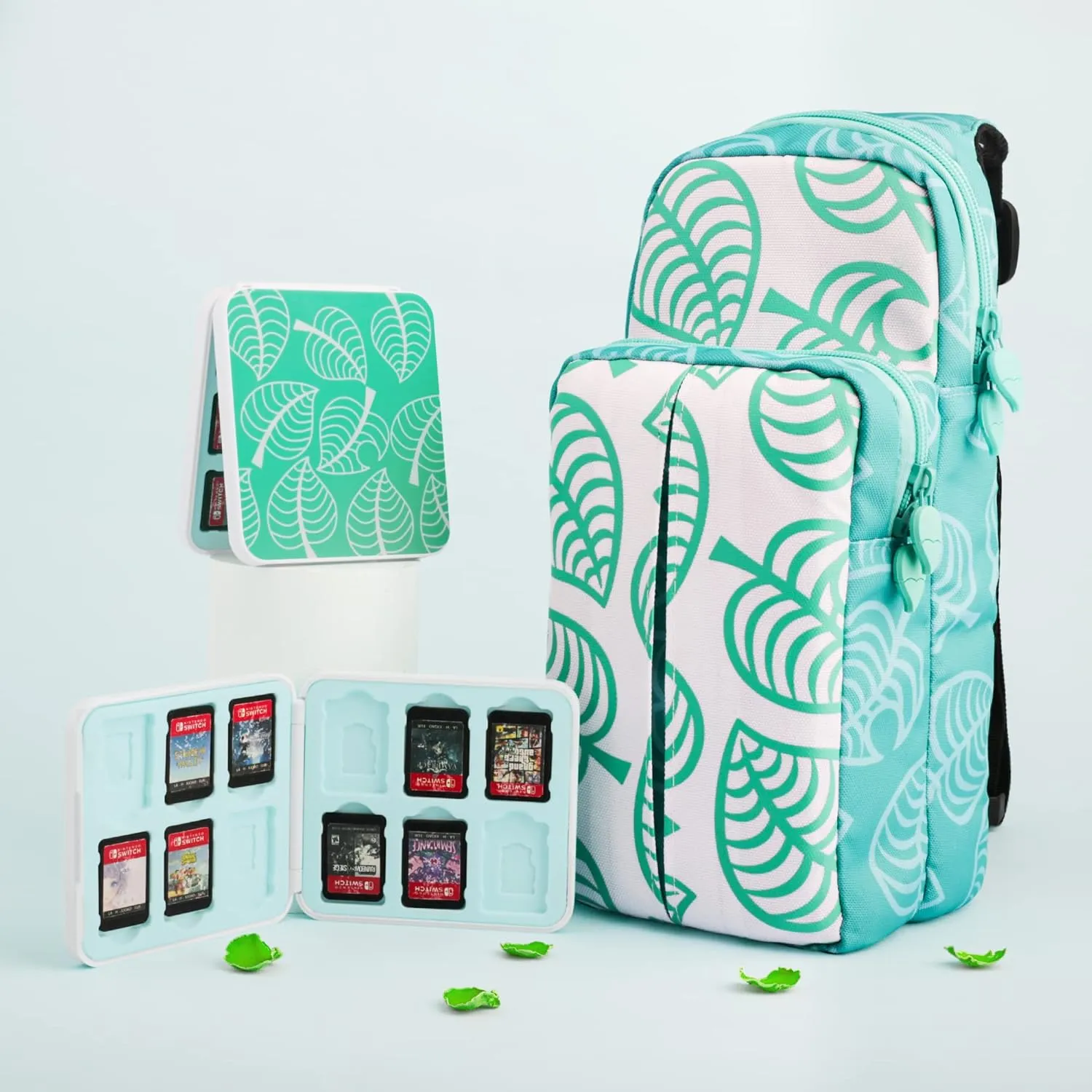 GLDRAM Travel Bag Bundle for Nintendo Switch, Cute Carrying Case for Switch Lite & Switch OLED, Shoulder Bag Accessories Kit for Switch with Game Case, Thumb Grip Caps ( Animal Leaf Crossing)