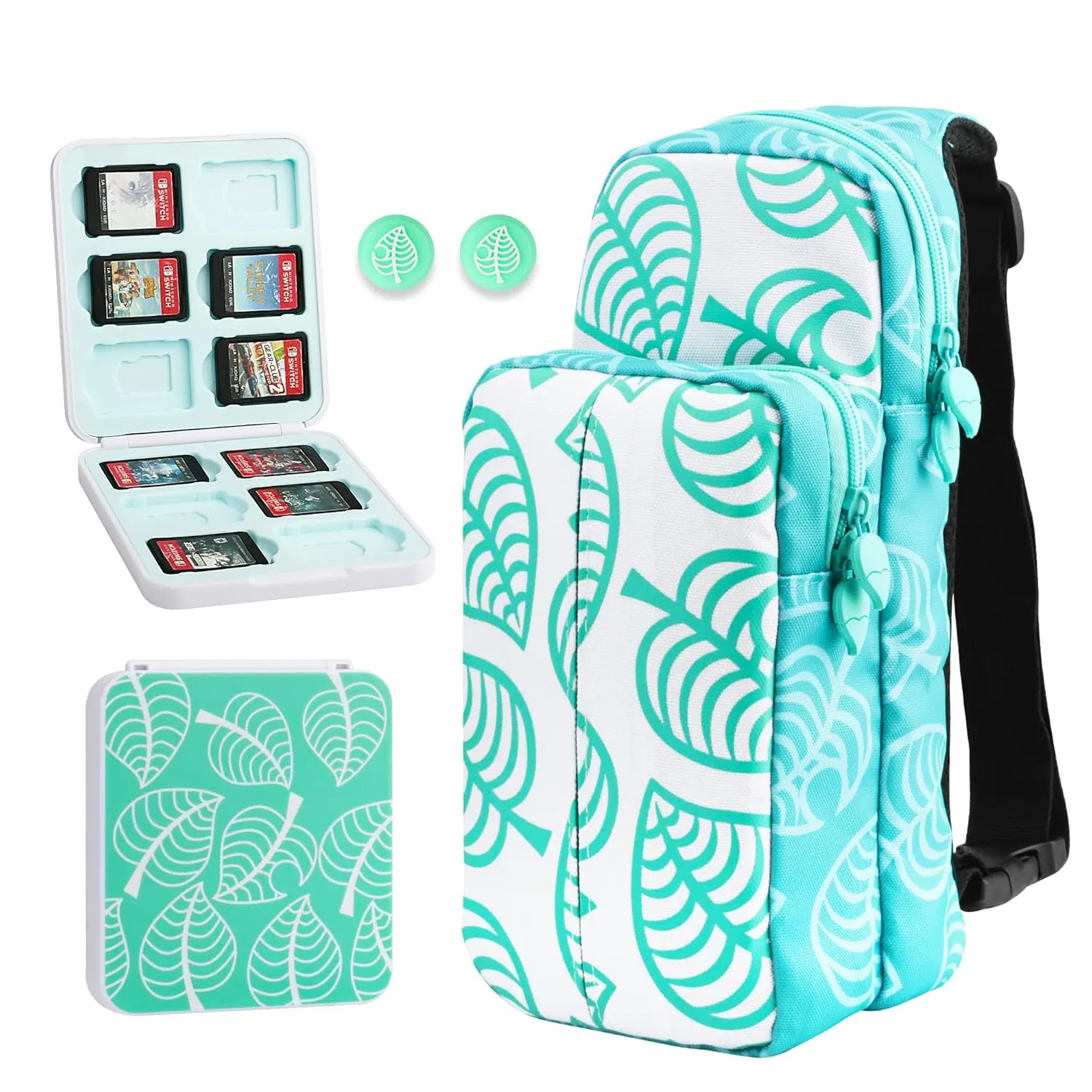 GLDRAM Travel Bag Bundle for Nintendo Switch, Cute Carrying Case for Switch Lite & Switch OLED, Shoulder Bag Accessories Kit for Switch with Game Case, Thumb Grip Caps ( Animal Leaf Crossing)