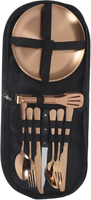 GLEAVI 1 Set Stainless Steel Travel Cutlery with Storage Bag Ergonomic Camping Tableware for Outdoor Dining Elegant Metal Utensils for Picnics and Adventures