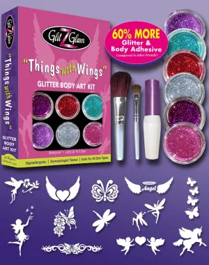 Glitter Tattoo Kit THINGS WITH WINGS - HYPOALLERGENIC and DERMATOLOGIST TESTED! - with 6 Large Glitters & 12 Stencils for Temporary Tattoos