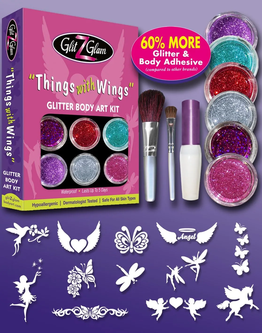 Glitter Tattoo Kit THINGS WITH WINGS - HYPOALLERGENIC and DERMATOLOGIST TESTED! - with 6 Large Glitters & 12 Stencils for Temporary Tattoos