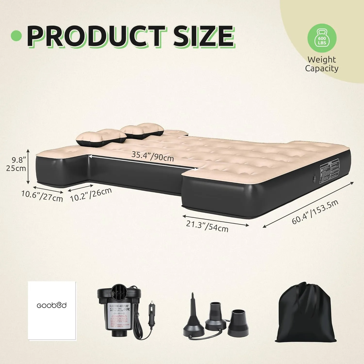 GOOBED Inflatable SUV Camping Mattress with Pump & Accessories, 10-Inch Thick Air Bed with Pillows, Storage Bag & Patch Kit, Fits 4Runner, Jeep, and Most Midsize to Large SUVs (Gray)