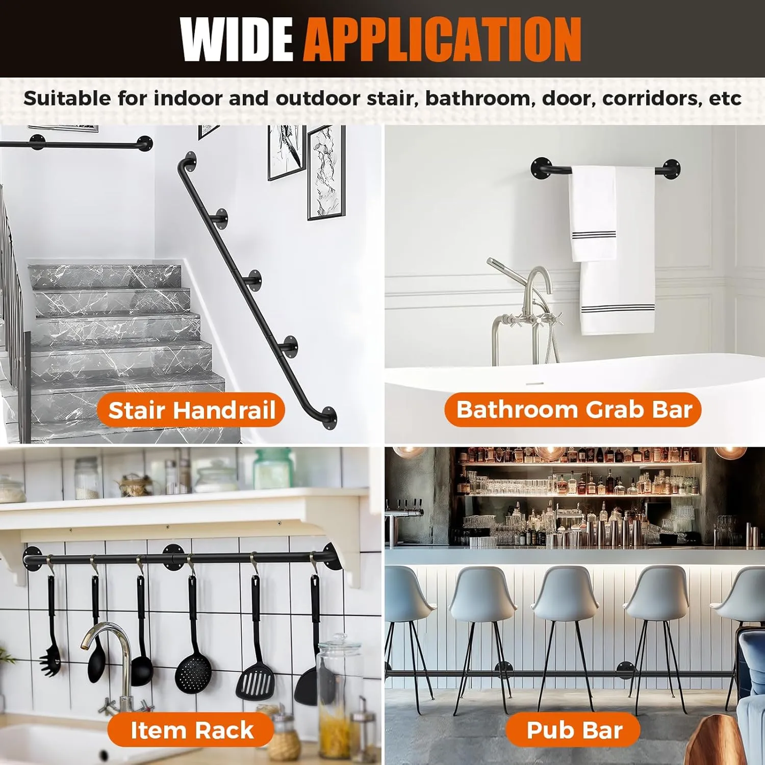 GORWARE Stair Railing Indoor,6FT Pipe Stair Handrail,440LBS Load Capacity Black Galvanized Iron Hand Rail,Industrial Wall Mounted Metal Staircase Handrail for Stairs Porch,Safety Handle