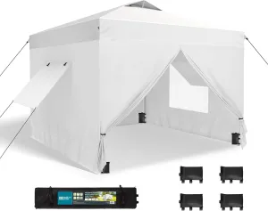 GREEN PARTY 10x10 Pop Up Canopy Tent, Commercial Instant Easy Up Outdoor Tent Canopy with 4 Removable Sidewalls, One Push Center Lock & Wheeled Carry Bag, White