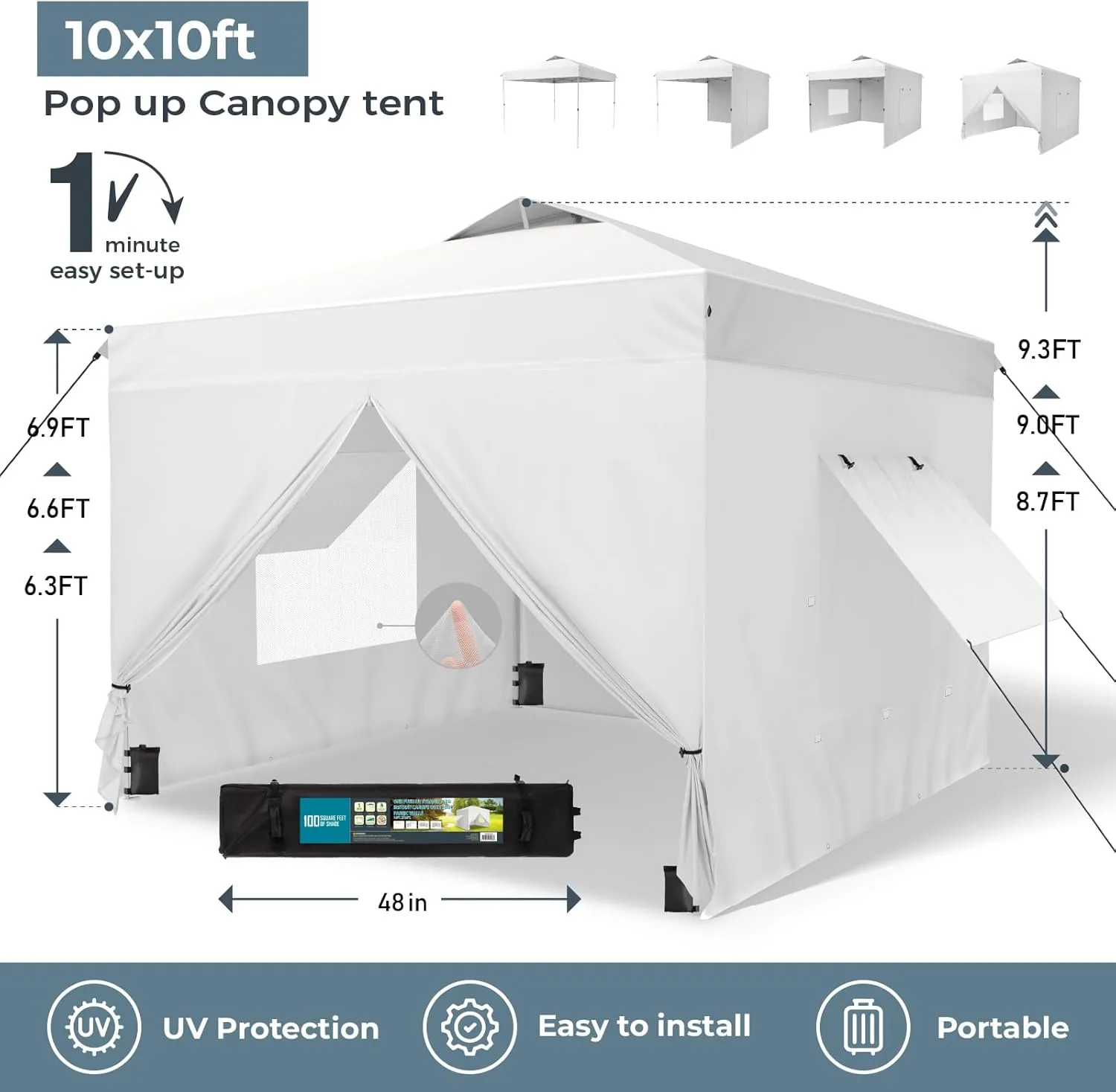 GREEN PARTY 10x10 Pop Up Canopy Tent, Commercial Instant Easy Up Outdoor Tent Canopy with 4 Removable Sidewalls, One Push Center Lock & Wheeled Carry Bag, White