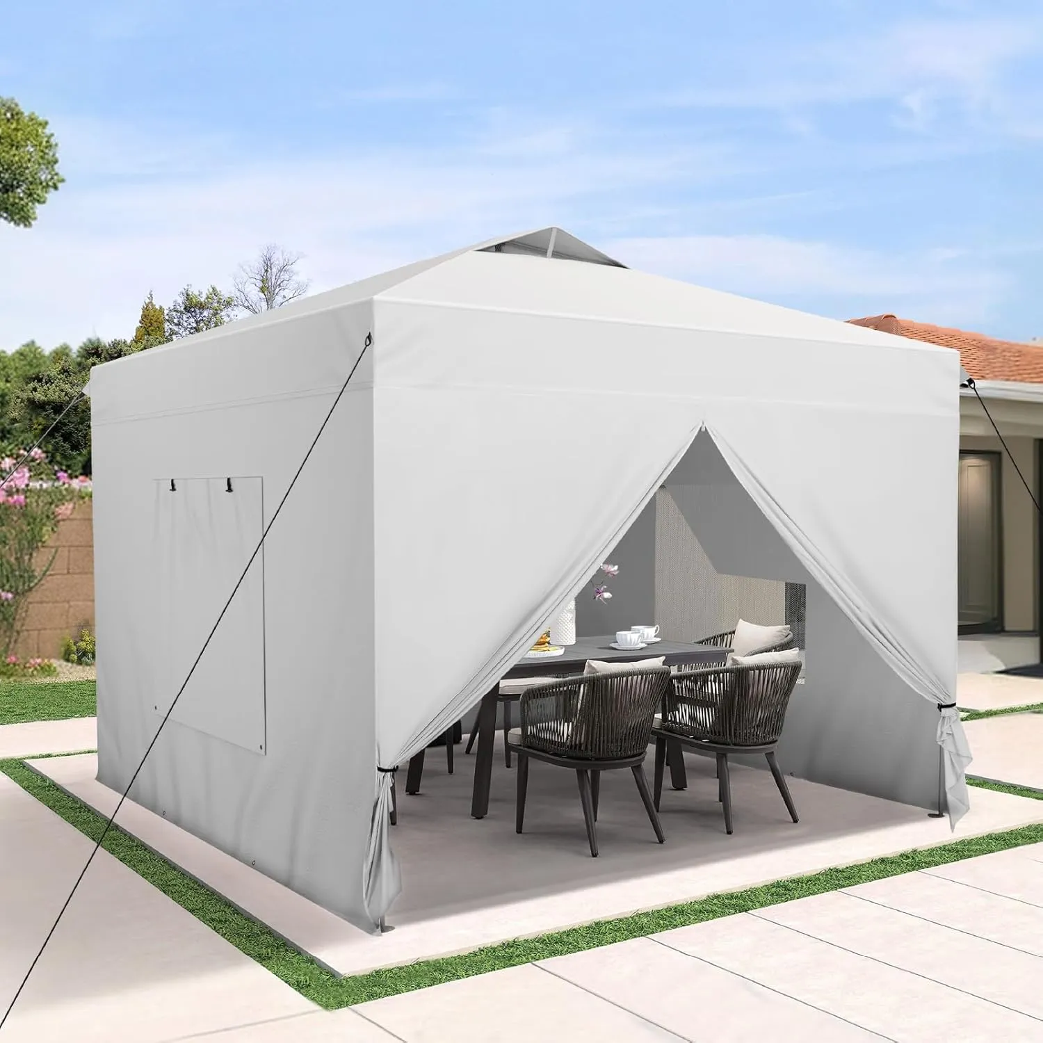 GREEN PARTY 10x10 Pop Up Canopy Tent, Commercial Instant Easy Up Outdoor Tent Canopy with 4 Removable Sidewalls, One Push Center Lock & Wheeled Carry Bag, White
