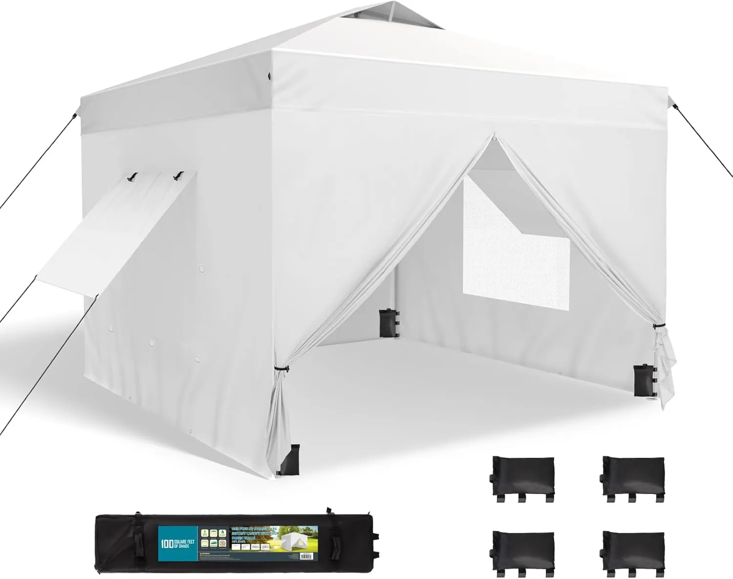 GREEN PARTY 10x10 Pop Up Canopy Tent, Commercial Instant Easy Up Outdoor Tent Canopy with 4 Removable Sidewalls, One Push Center Lock & Wheeled Carry Bag, White