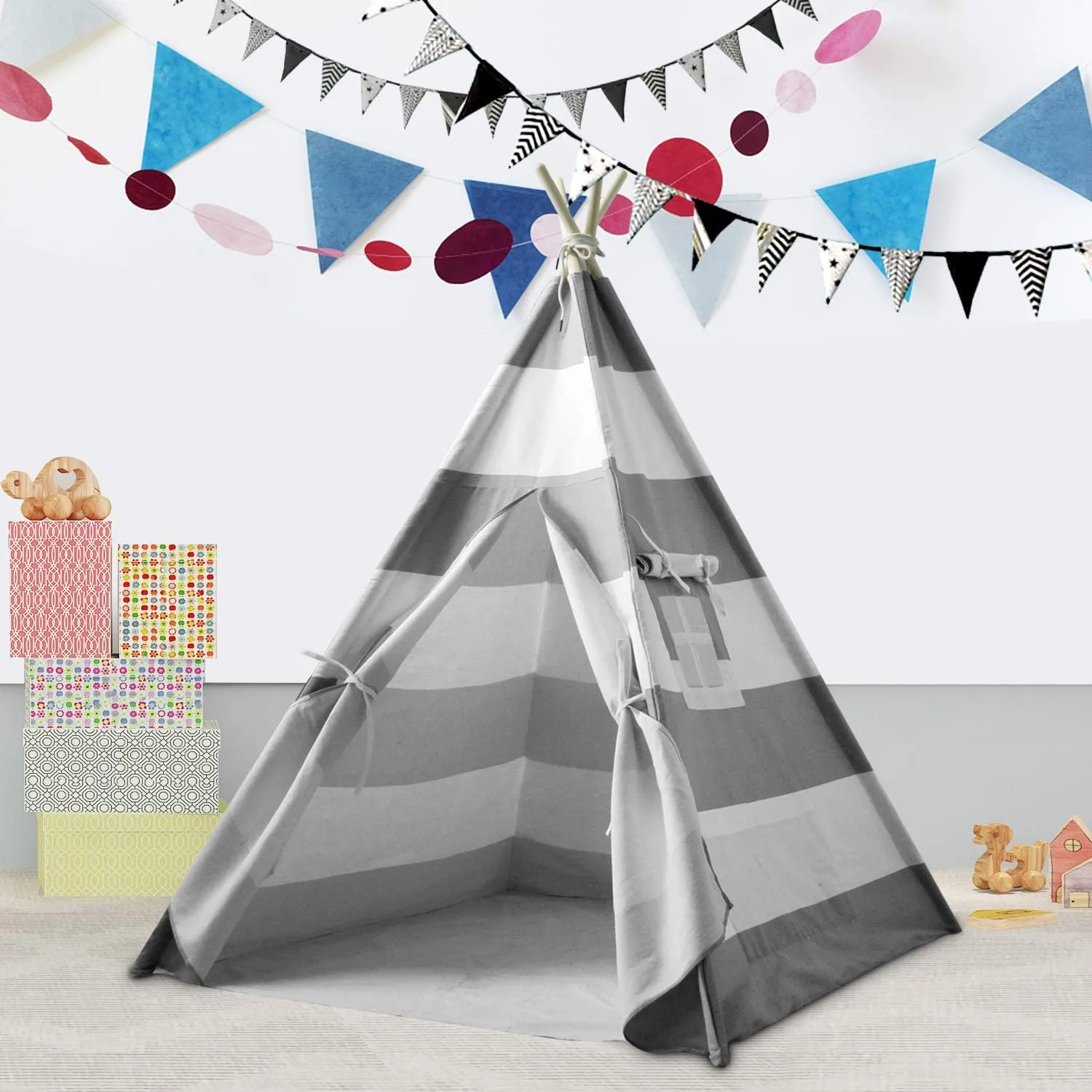 Grey Stripe Kids Play Teepee Tent - Indoor Foldable Teepee for Boys & Girls, Nursery Decor, Birthday Gift