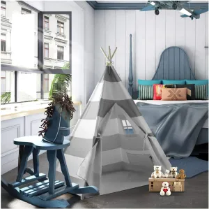 Grey Stripe Kids Play Teepee Tent - Indoor Foldable Teepee for Boys & Girls, Nursery Decor, Birthday Gift