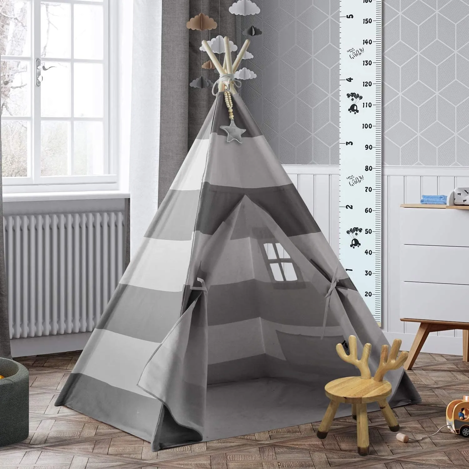 Grey Stripe Kids Play Teepee Tent - Indoor Foldable Teepee for Boys & Girls, Nursery Decor, Birthday Gift