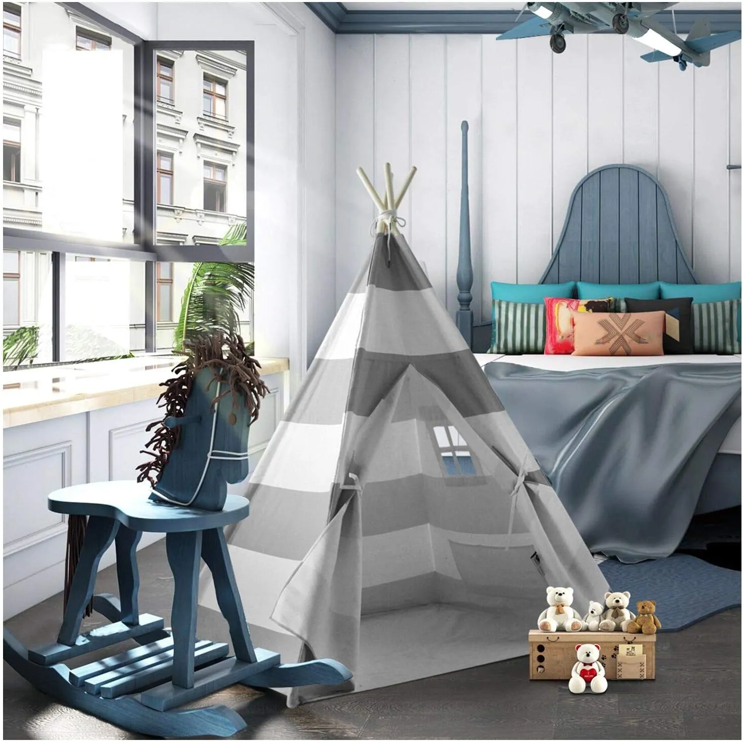 Grey Stripe Kids Play Teepee Tent - Indoor Foldable Teepee for Boys & Girls, Nursery Decor, Birthday Gift
