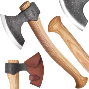 Hand Forged Camping Axe - Sharp Carbon Steel Viking Hatchet ASH Wood Handle - Battle Ax with Leather Sheath - Hunting Bushcraft Chopping Tool - Handmade Axes and Hatchets - Unique Gifts for Men HM007