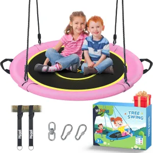 Hapfan 40" Saucer Tree Swing for Kids and Adults, Disc Round Swing for Kids Outdoor with Swivel, UV-Resistant Textilene Fabric, 700 lb Weight Capacity, 9.8 FT Hanging Straps, 2-Year Warranty(Pink)