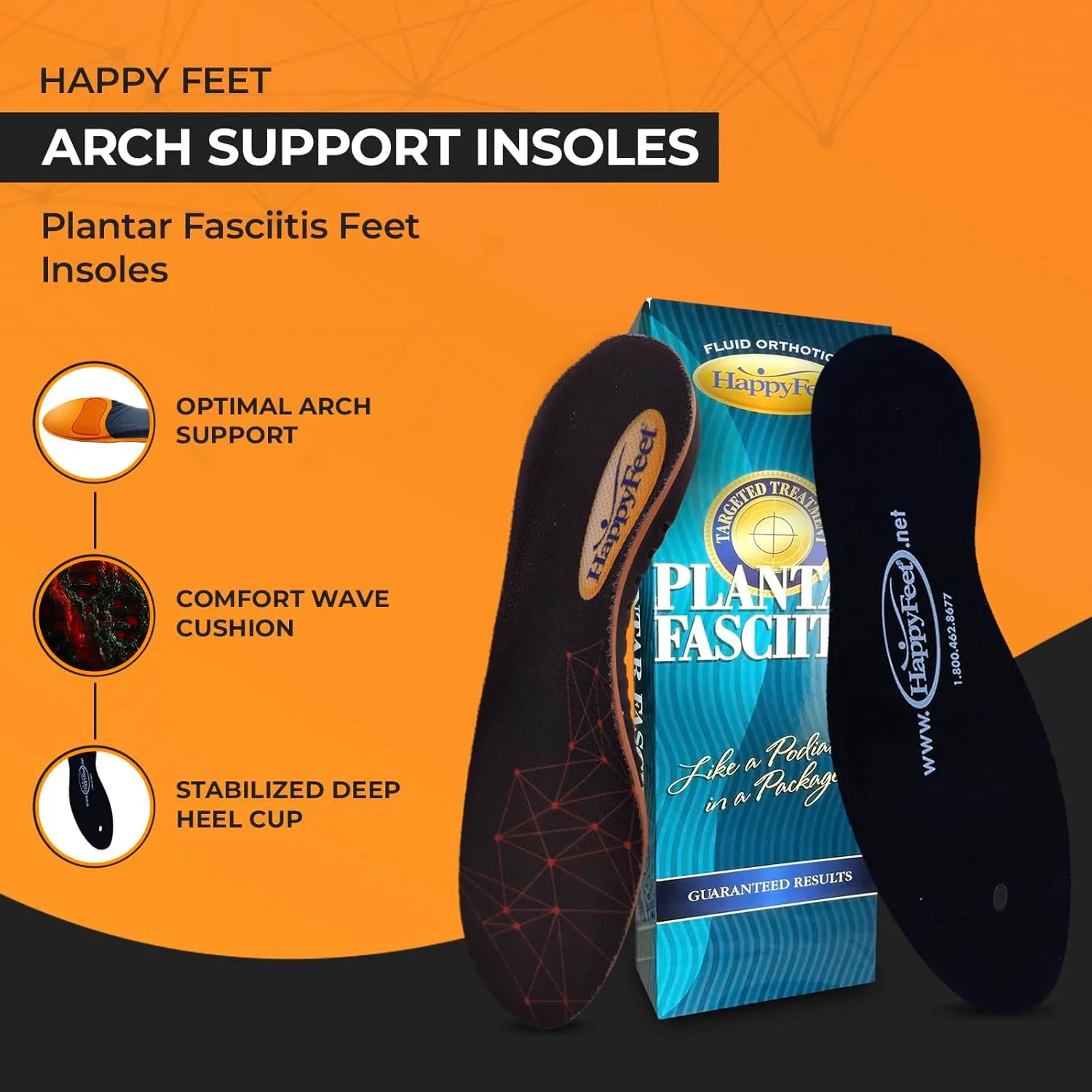 Happy Feet Arch Support Insoles - Plantar Fasciitis Feet Insoles - Shock Absorbing, Anti-Fatigue, Foot Pain, High Arch Support Insoles
