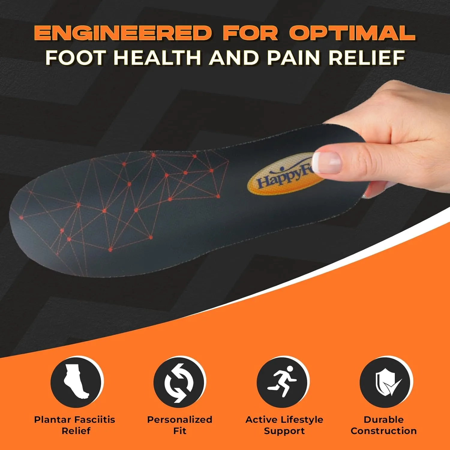Happy Feet Arch Support Insoles - Shock Absorbing Orthotics - Anti-Fatigue High Arch Insoles - Plantar Fasciitis Relief Insoles for Men Women, Trim to Fit