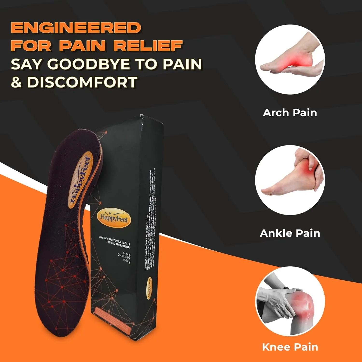 Happy Feet Arch Support Insoles - Shock Absorbing Orthotics - Anti-Fatigue High Arch Insoles - Plantar Fasciitis Relief Insoles for Men Women, Trim to Fit