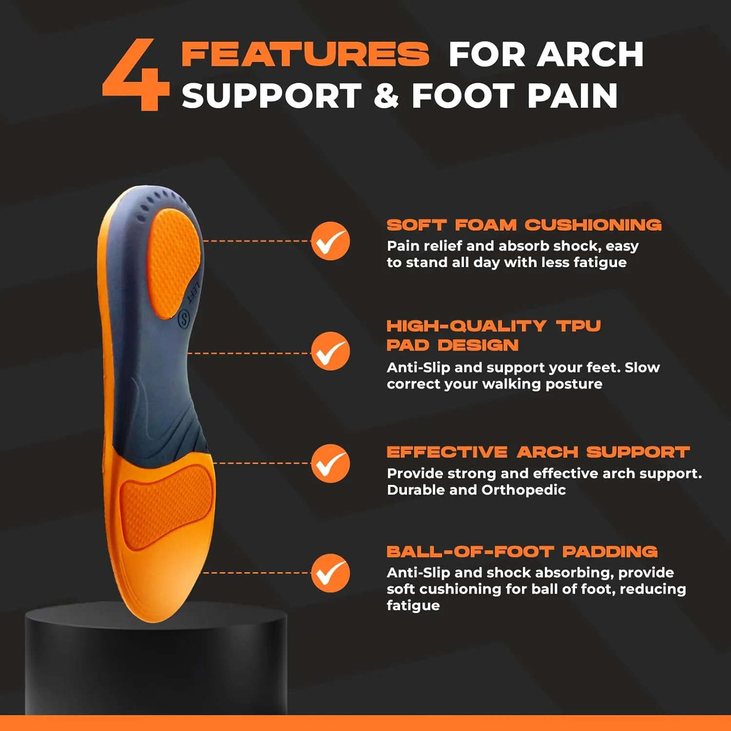 Happy Feet Arch Support Insoles - Shock Absorbing Orthotics - Anti-Fatigue High Arch Insoles - Plantar Fasciitis Relief Insoles for Men Women, Trim to Fit