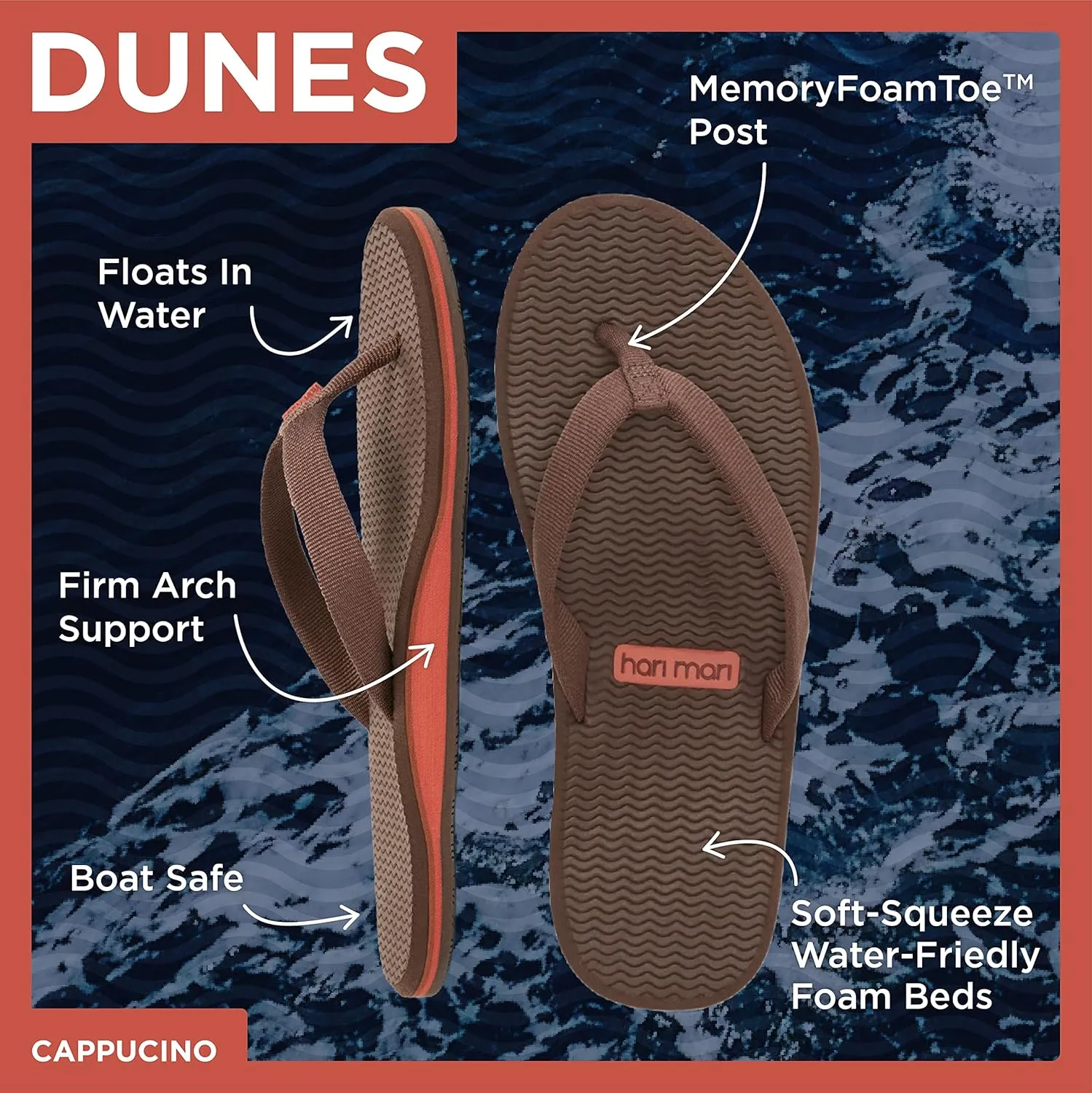 Hari Mari- Dunes- Women's Waterproof Boat Safe Colorful Rubber Flip Flops- No Break Ins, Firm Arch Support, Antimicrobial, and Floats in Water