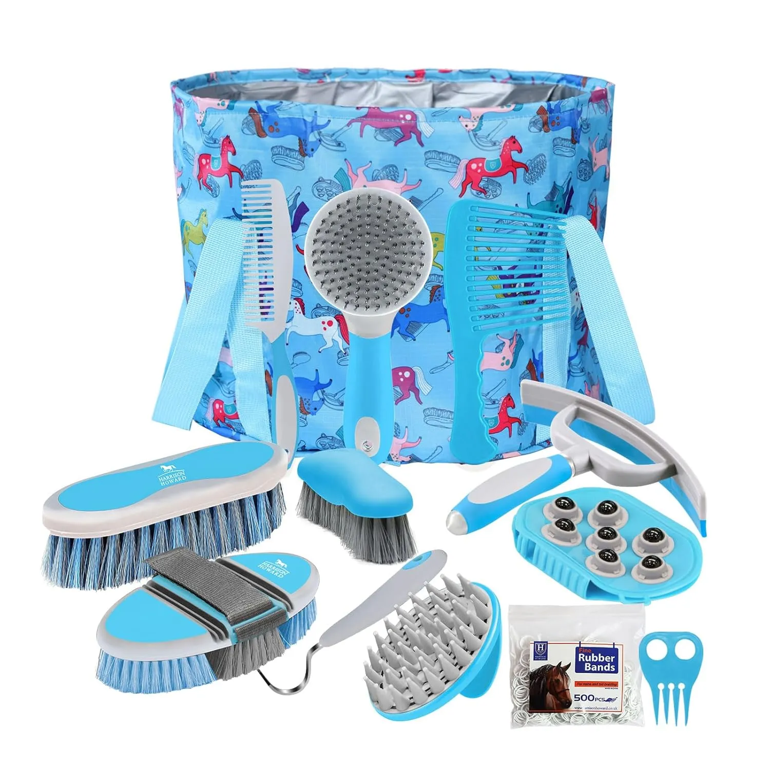 Harrison Howard Horse Grooming Kit 11-Piece Equine Care Series Horse Brush Sets with Organizer Tote Bag Tack Room Supplies Shedding Grooming Massaging Tools Blue Brushstroke Ponies