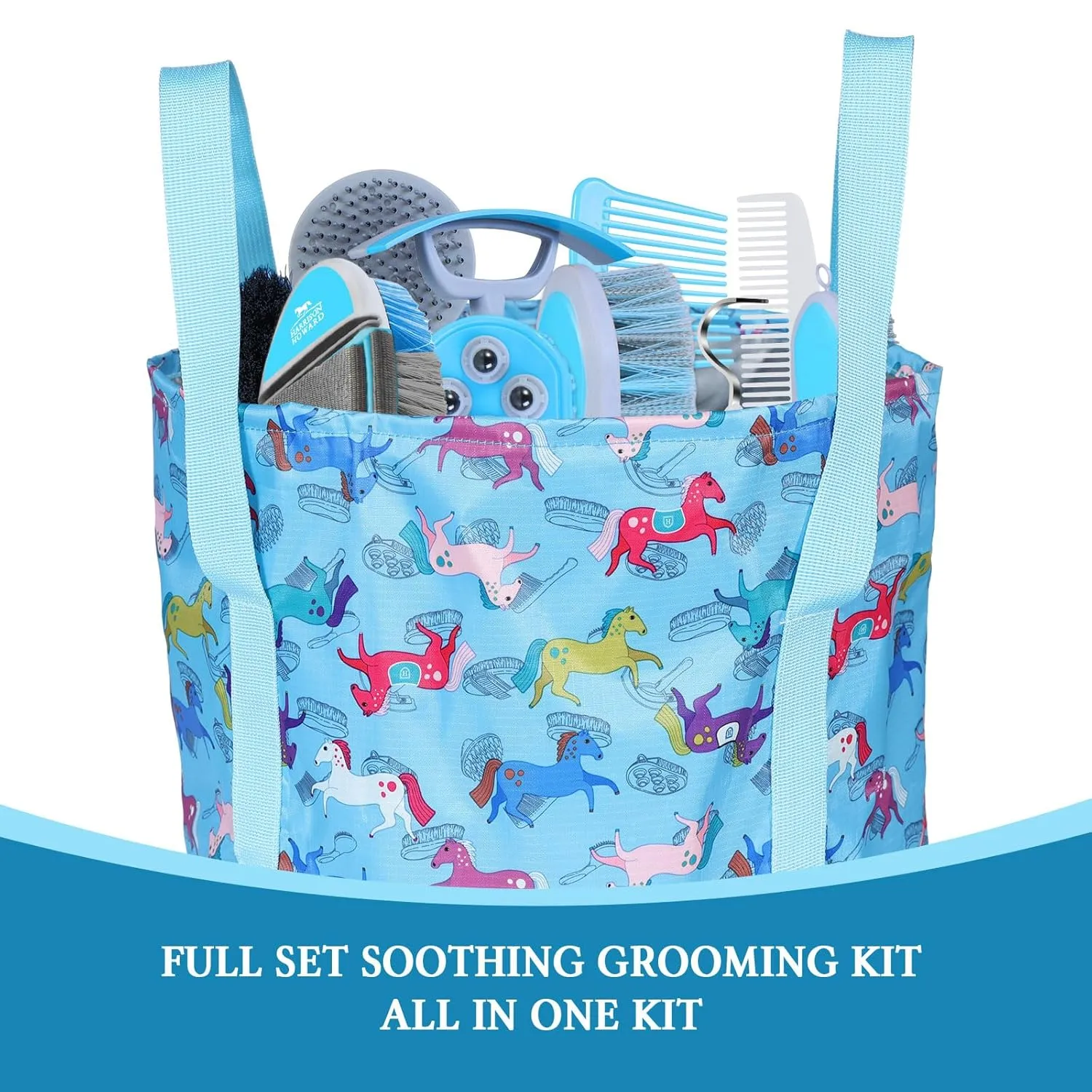 Harrison Howard Horse Grooming Kit 11-Piece Equine Care Series Horse Brush Sets with Organizer Tote Bag Tack Room Supplies Shedding Grooming Massaging Tools Blue Brushstroke Ponies