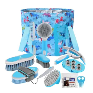 Harrison Howard Horse Grooming Kit 11-Piece Equine Care Series Horse Brush Sets with Organizer Tote Bag Tack Room Supplies Shedding Grooming Massaging Tools Blue Brushstroke Ponies