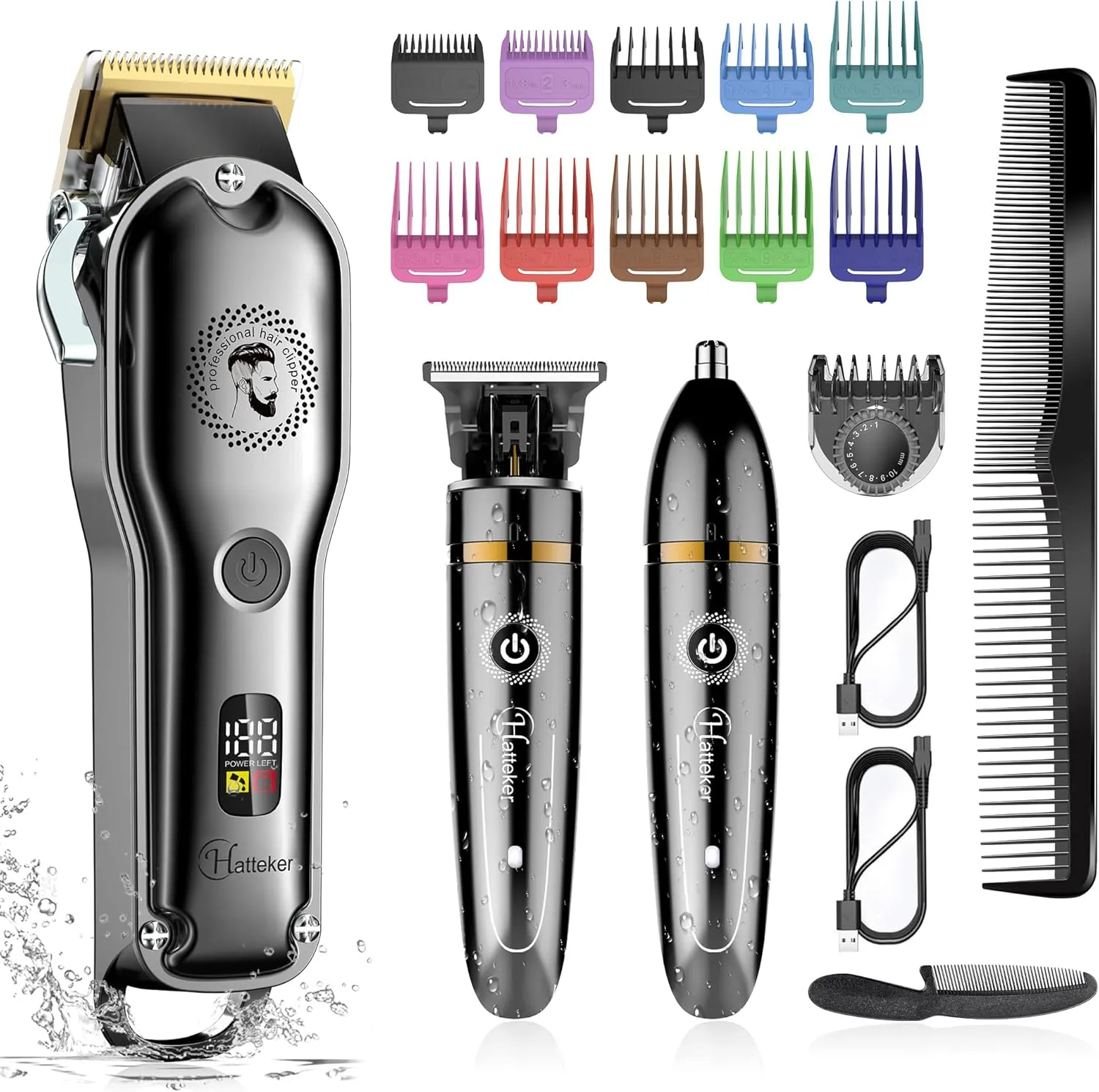 Hatteker Hair Clipper Cordless Barber Clipper T-Blade Beard & Nose Trimmer Grooming Kit Professional IPX7 Waterproof