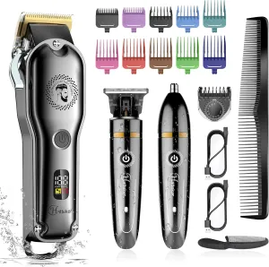 Hatteker Hair Clipper Cordless Barber Clipper T-Blade Beard & Nose Trimmer Grooming Kit Professional IPX7 Waterproof